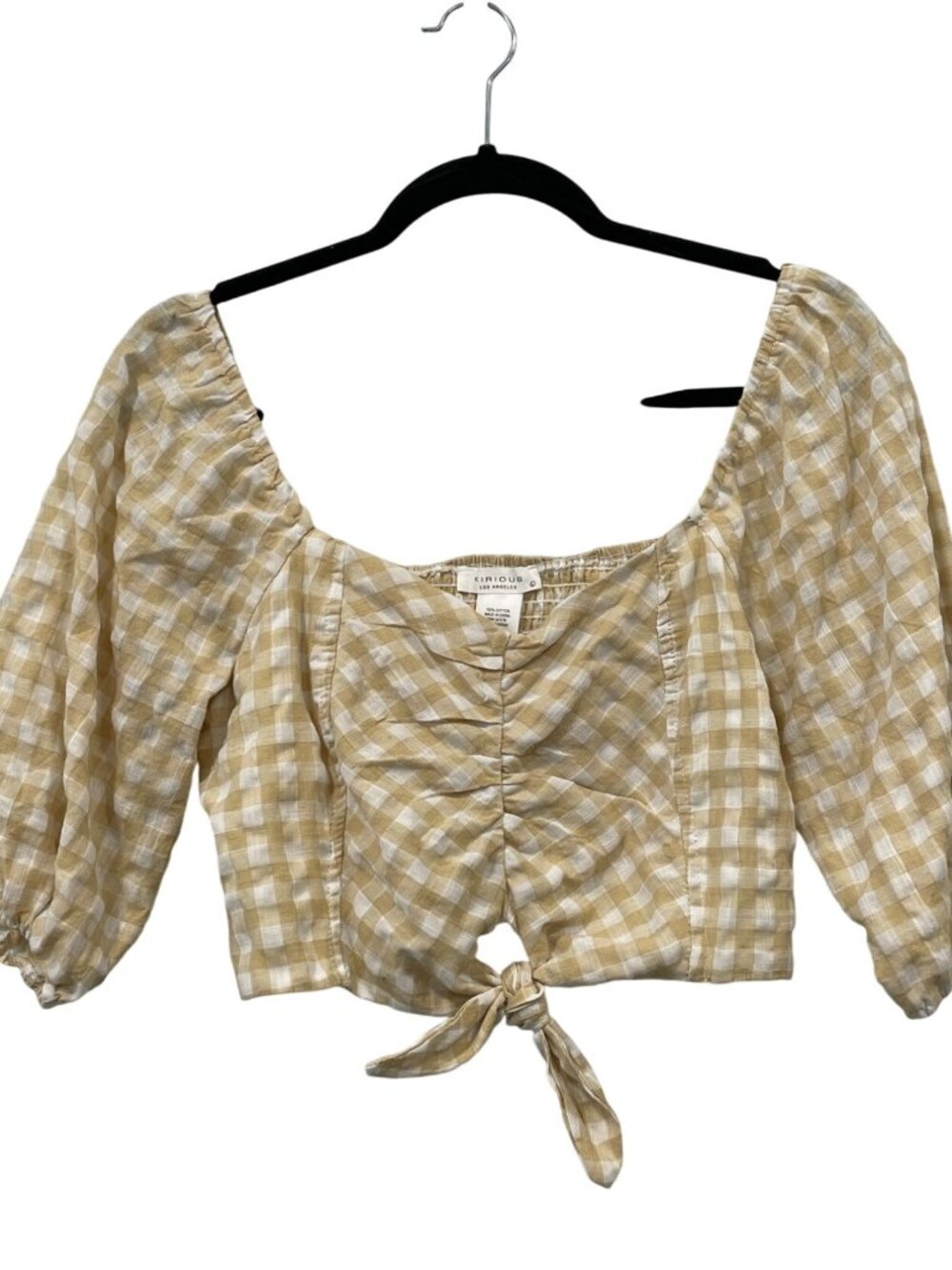 Kirious Los Angeles Crop Top Large Tie Front Gingham Smocked Tan White Neutral